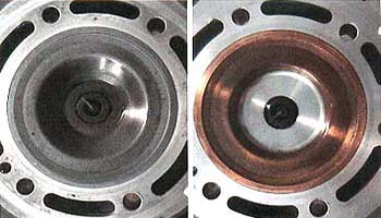 TZ250 Heads, a 1994 "leaded" head, left, and a 1997 "unleaded" head at right.